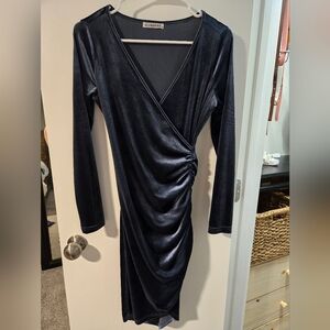 Elegant Blue Velvet Faux Wrap Dress